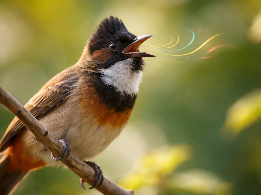 Close-up of an Indian bird chirping on a branch with subtle sound-wave ripples near its beak.