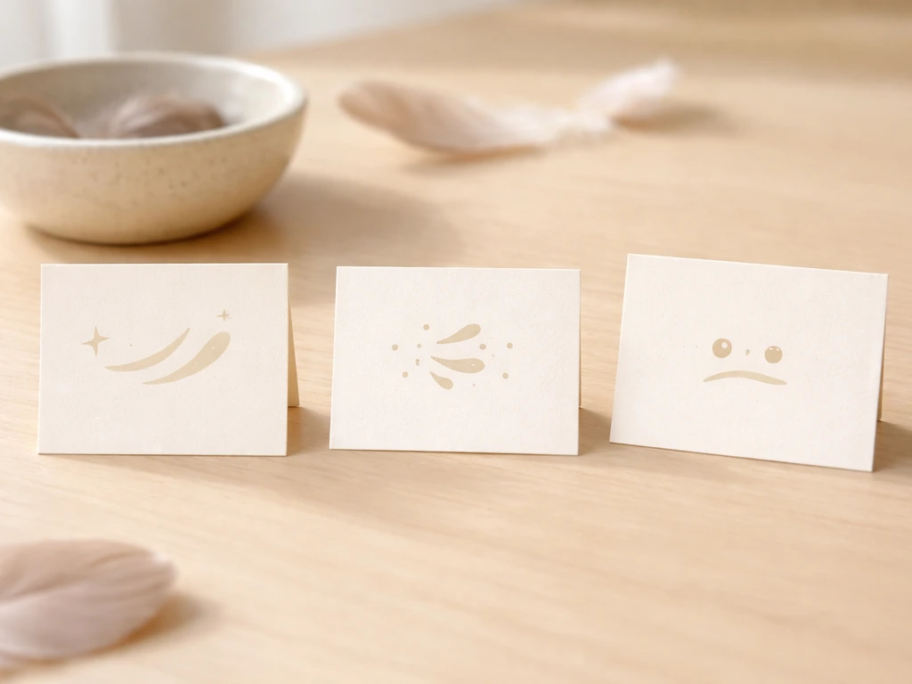 Hindi sound-word cards on a simple desk, showing bird-chirp style meanings without any readable text.