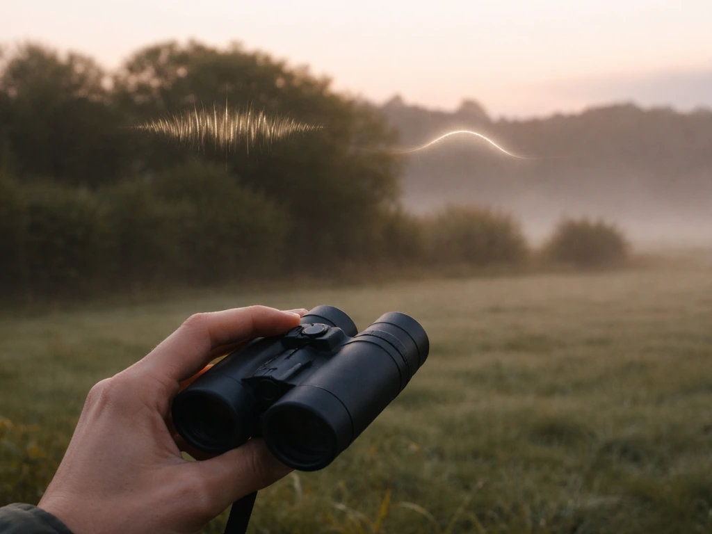 Dawn field with binoculars and faint sound-like light trails suggesting different bird chirp patterns