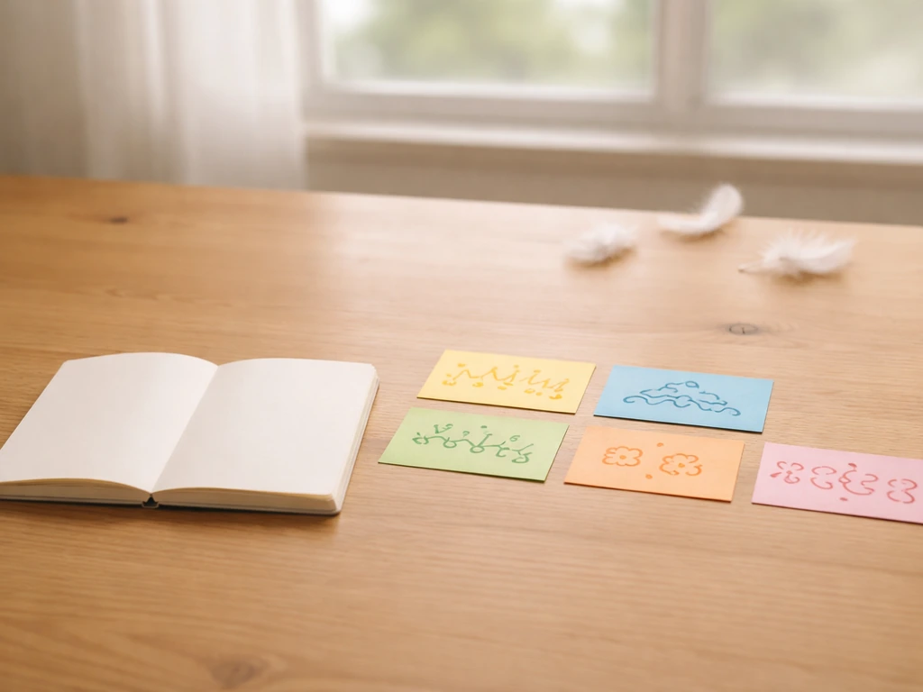 Wooden table with a small notebook and colorful slips showing different bird-chirp sound words (no text).