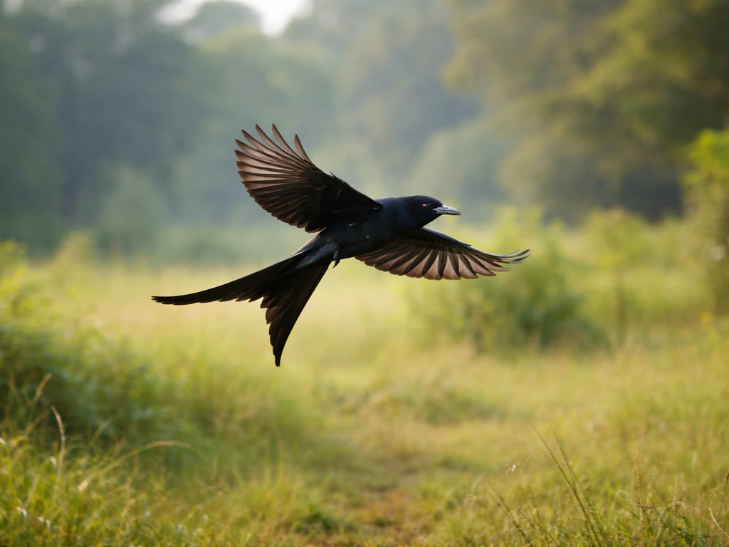 Sleek black drongo bird in flight over Indian greenery, showing a deeply forked tail.