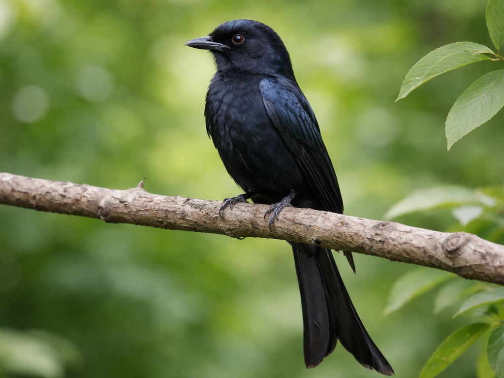 Minimal scene showing a perched drongo bird silhouette against leafy branches, suggesting bird meaning.