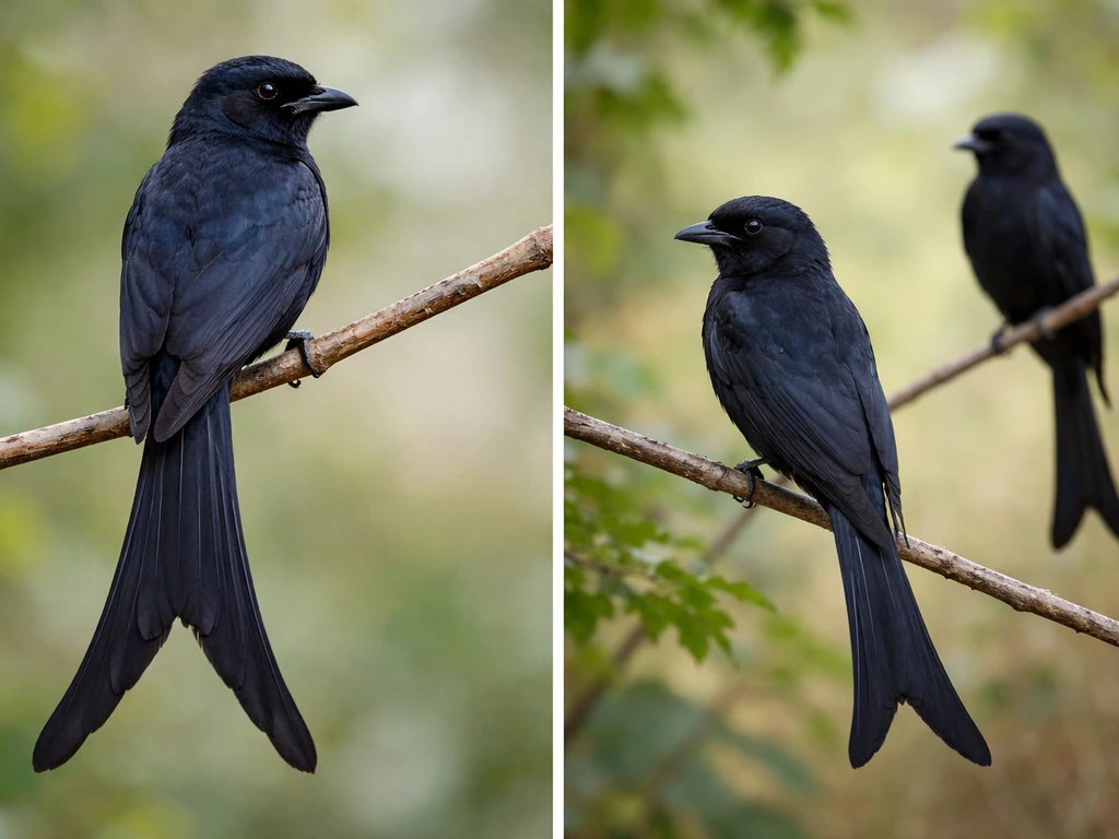 Side-by-side close-up of a glossy black drongo’s deeply forked tail versus other similar black birds’ heads and tails.