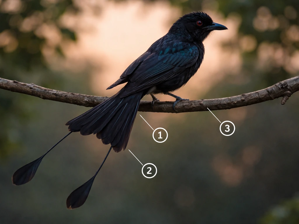 Deeply forked tail, fanned tail in flight, and glossy black body of a racket-tailed drongo in nature