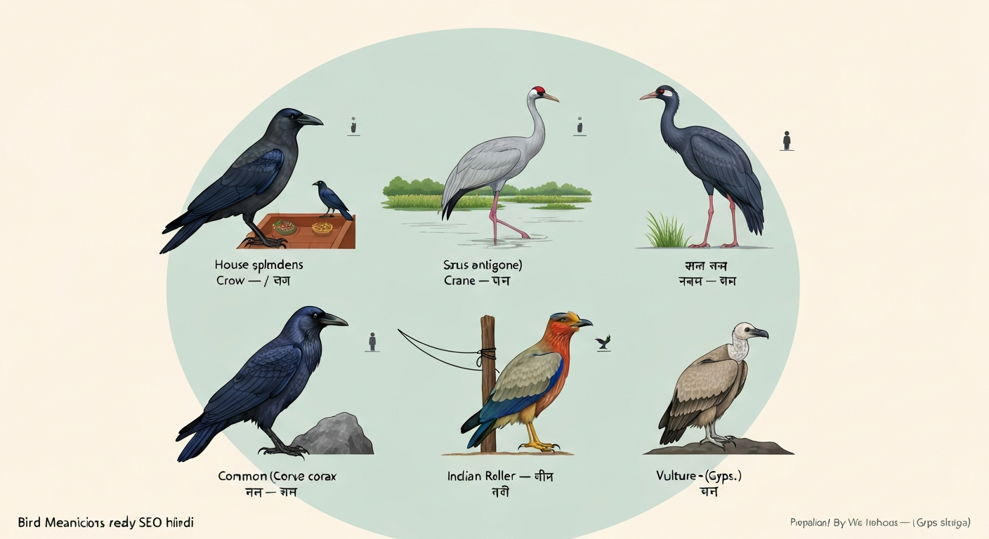 Infographic montage of five South Asian birds—House Crow (कौआ), Sarus Crane (सारस), Common Raven (काग), Indian Roller (नीलकंठ), and Vulture (गिद्ध)—each illustrated and labeled in English and Hindi.