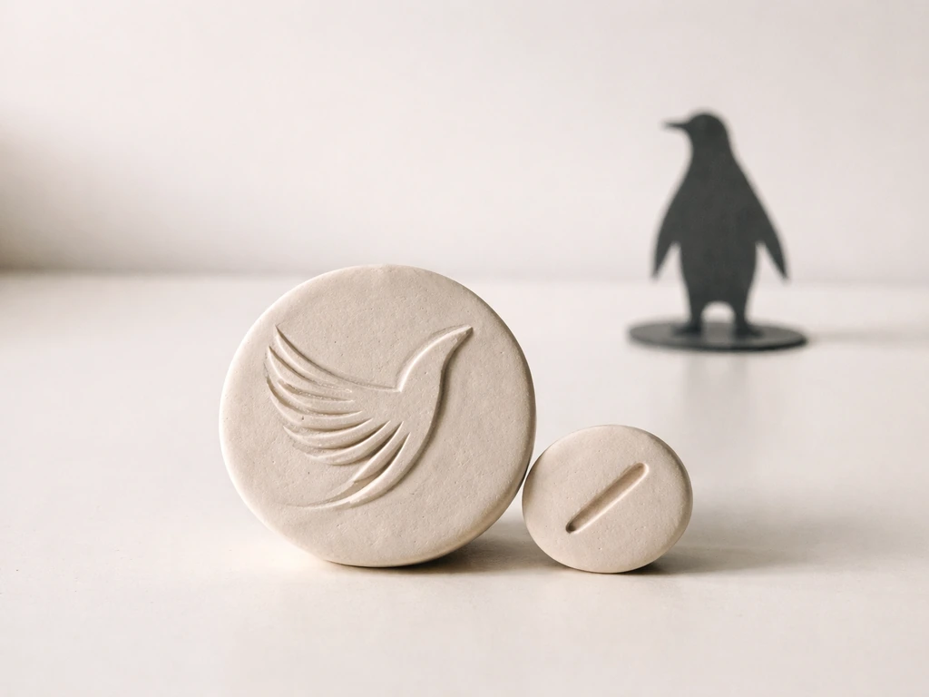 Minimal tabletop scene suggesting “udaan” with a negation mark and a subtle silhouette of a flightless bird.