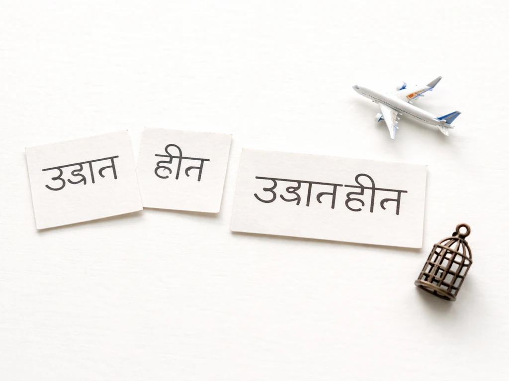 Close-up of handwritten Hindi tiles combining उड़ान and हीन into उड़ानहीन with simple flight/lacking cues.