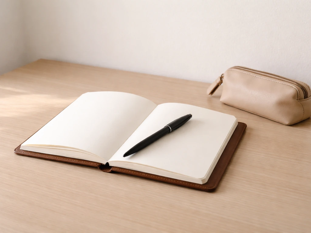Minimal photo of a simple desk setup with a notebook and pen beside a small leather pouch, symbolizing a bird-name refer