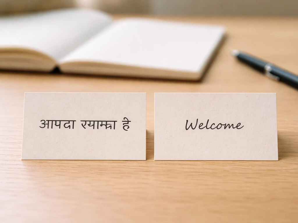 Close-up of two simple handwritten cards—Hindi line and its English translation—on a quiet desk.