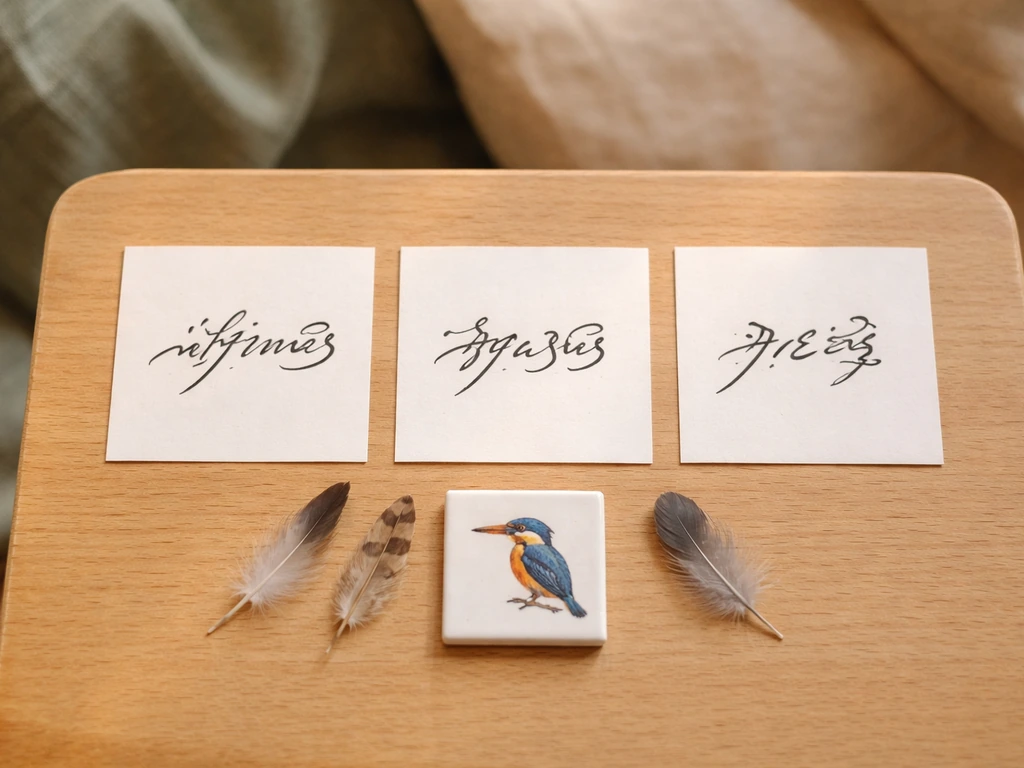 Minimal wooden table with three script-like paper slips and feathers, hinting at multilingual kingfisher names.