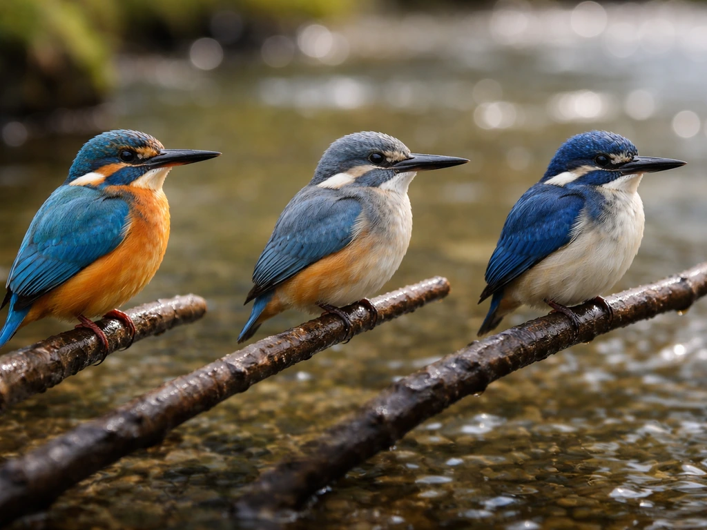 Three small kingfisher-like birds perched on branches, showing varied blue and orange plumage details.