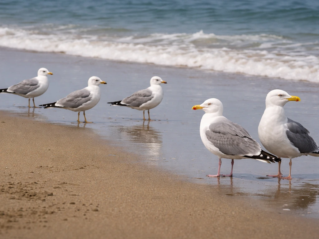Beach seabirds on wet sand—gulls and seagulls side by side with visible color and size differences.
