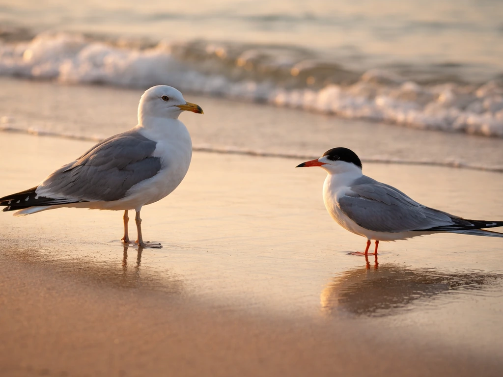 Gull and tern on a quiet shoreline, close view highlighting different beak and wing shapes.