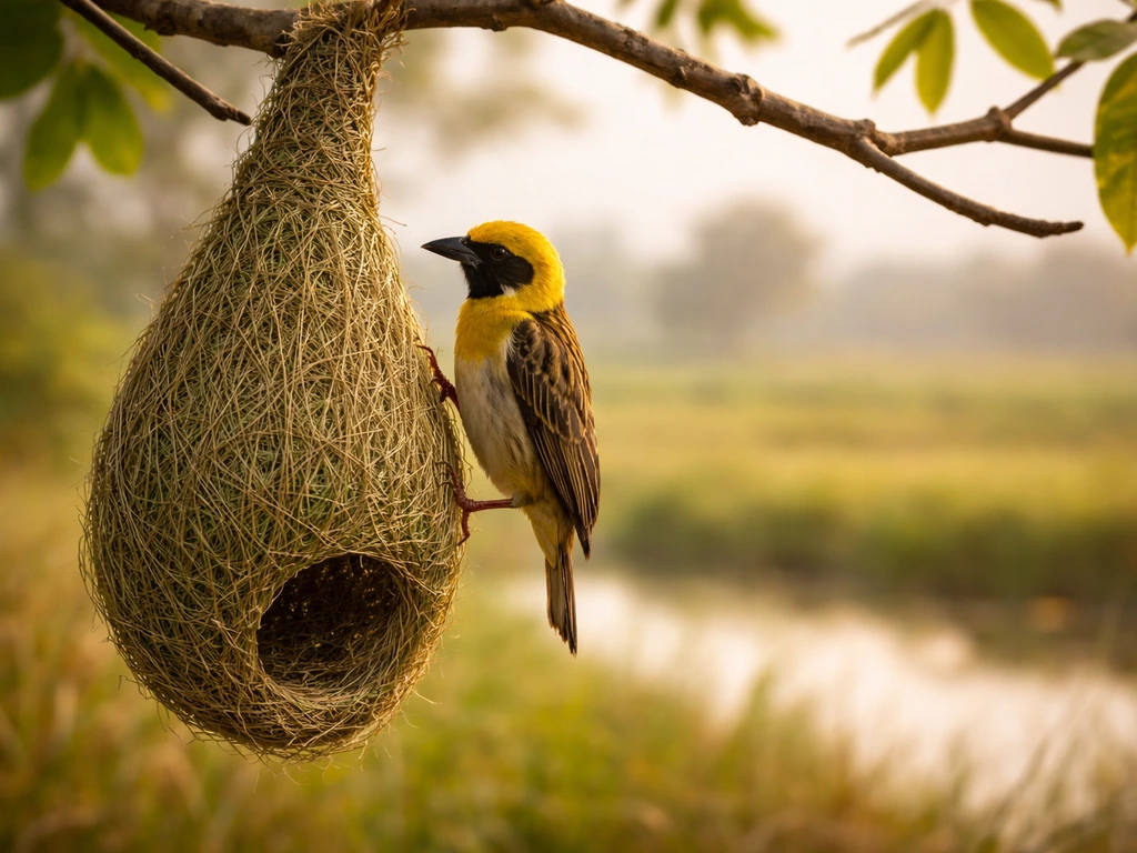 Baya weaver bird near its hanging woven nest in a Gujarat landscape by fields and water.