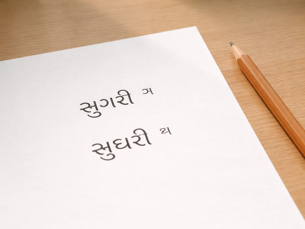 Close-up of Gujarati spellings for weaver bird variants with simple, clean handwritten pronunciation cues.