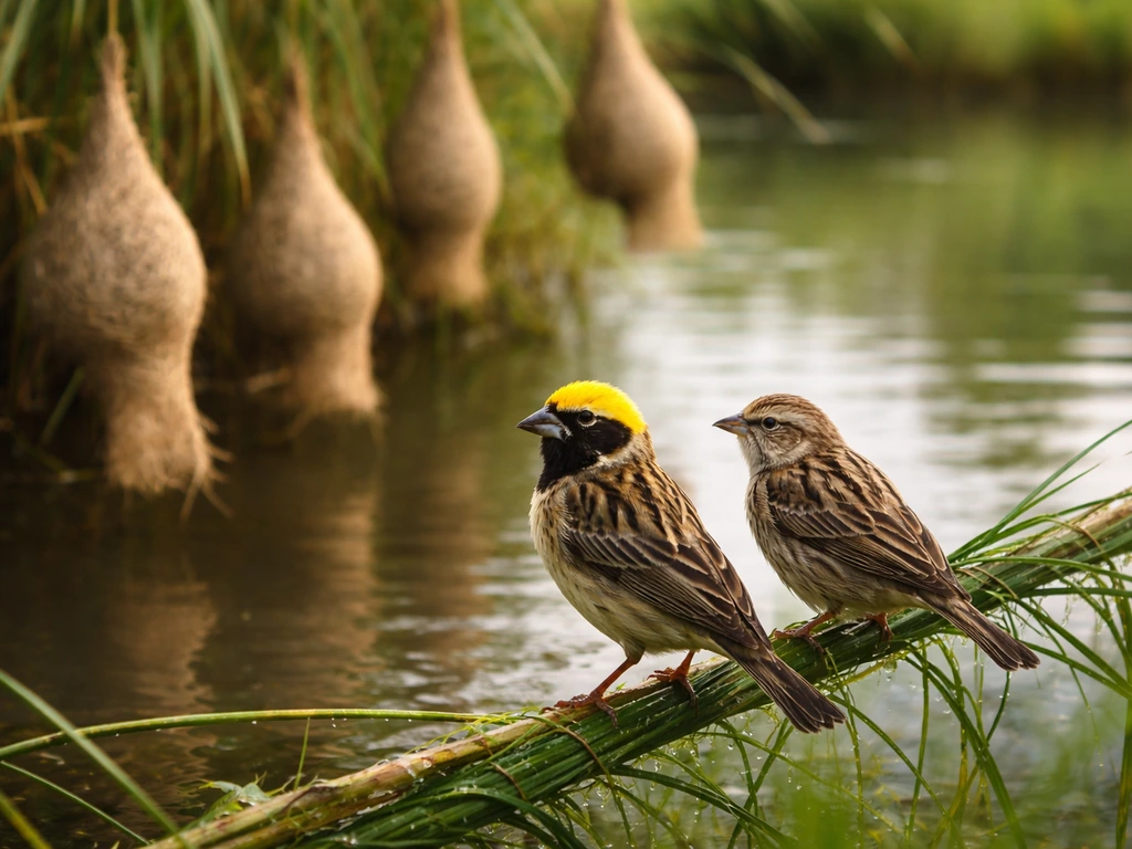 Two sparrow-sized birds beside a pond with hanging woven nests over reeds in view.