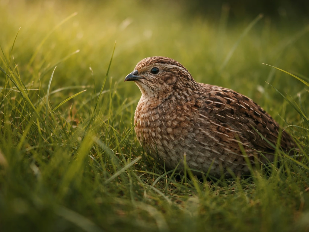 A quail perched in tall grass at ground level, natural light, minimal meadow background.