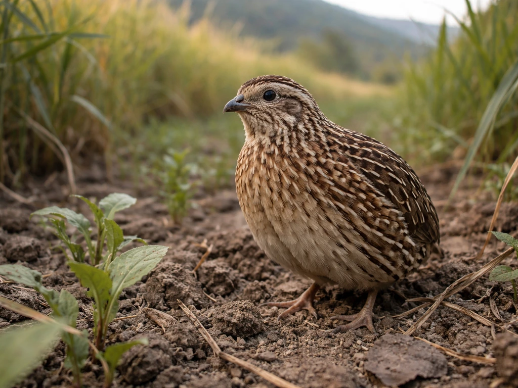 Small quail standing alert in a Himalayan field beside young crops, grass and earth visible