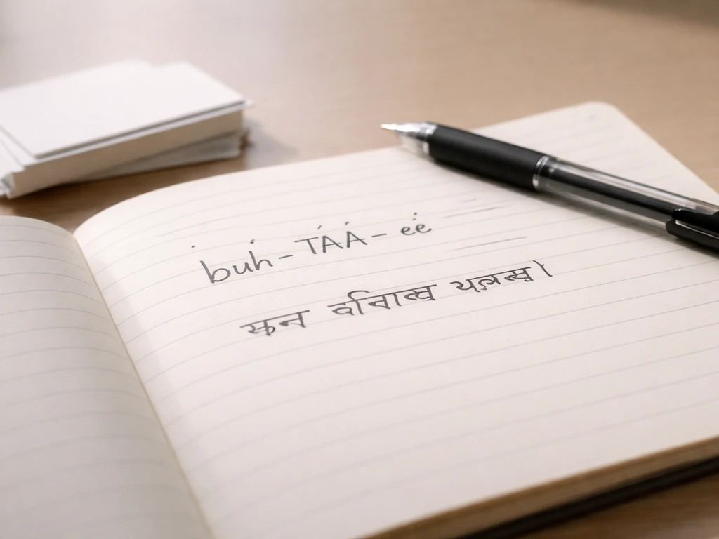 Minimal notebook page with a small set of flashcards for pronouncing “buh-TAA-ee,” plus one handwritten Nepali sentence.