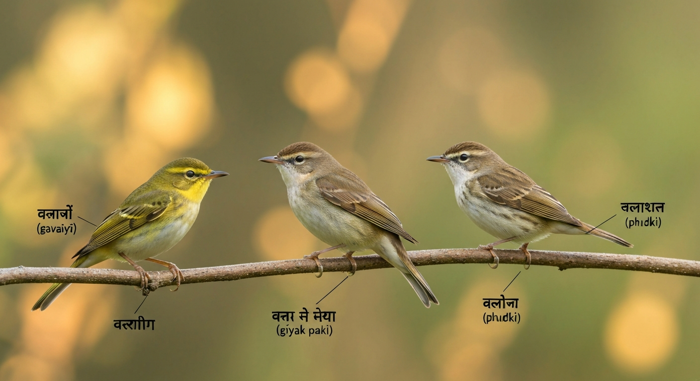 Illustration of three small Indian warblers on a branch (leaf warbler, reed warbler, streaked grass warbler) with Devanagari labels: गवैया (gavaiyā), गायक पक्षी (gāyak pakṣī), फुदकी (phudkī).