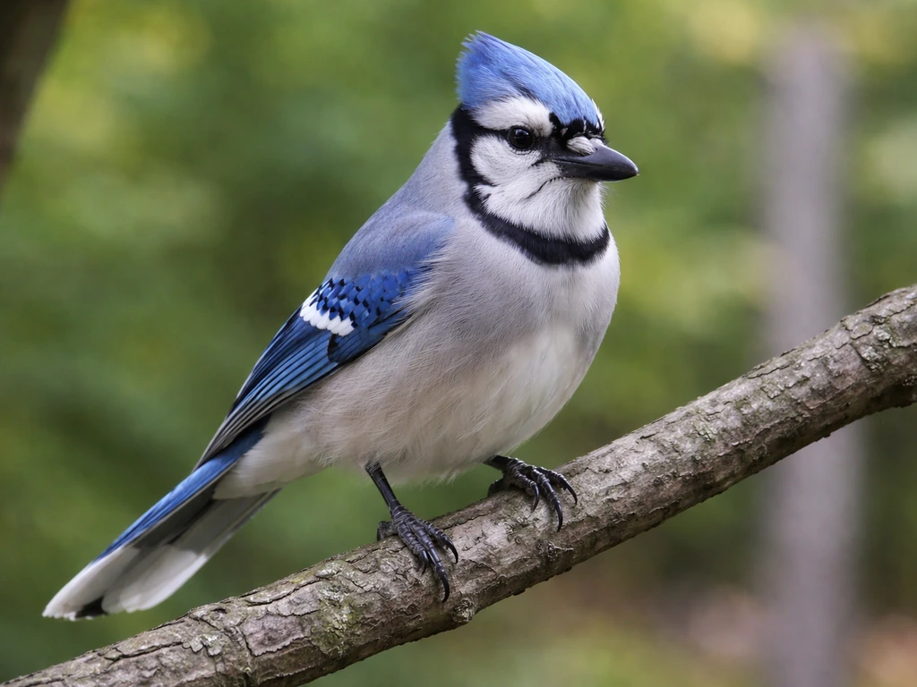 Blue jay bird with upright crest perched on a tree branch, vivid blue-white-black markings in natural light.
