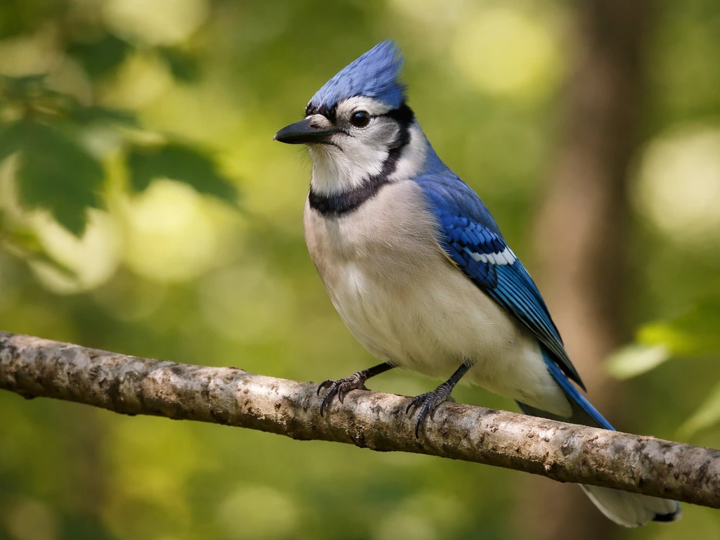 Blue Jay perched on a branch, showing its blue crest and black-and-white collar pattern.
