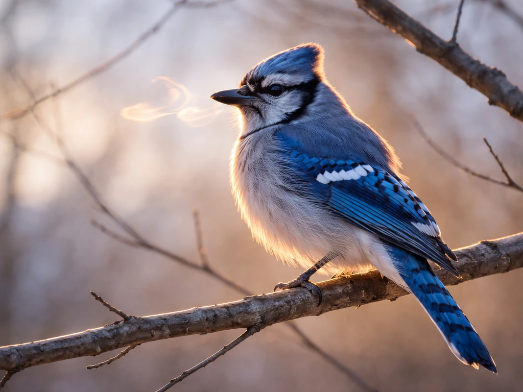 Blue jay perched on a branch with subtle sound-like shapes suggesting clear communication.