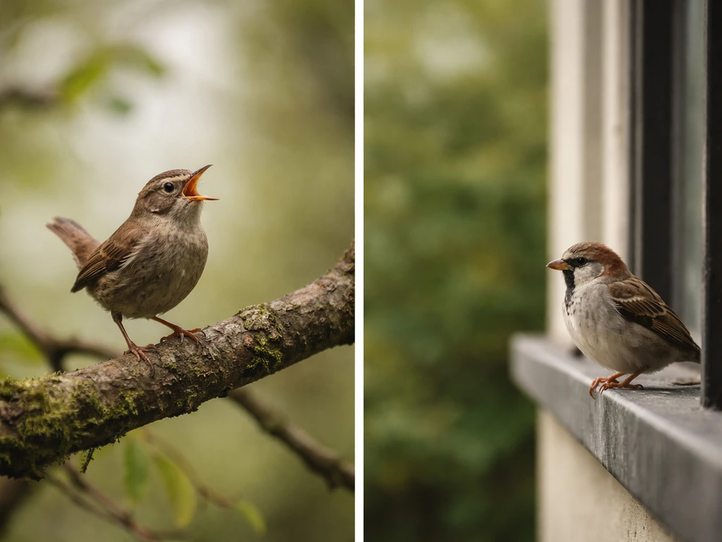 Two small birds perched—one on a branch singing, another on a window bar in soft natural light.