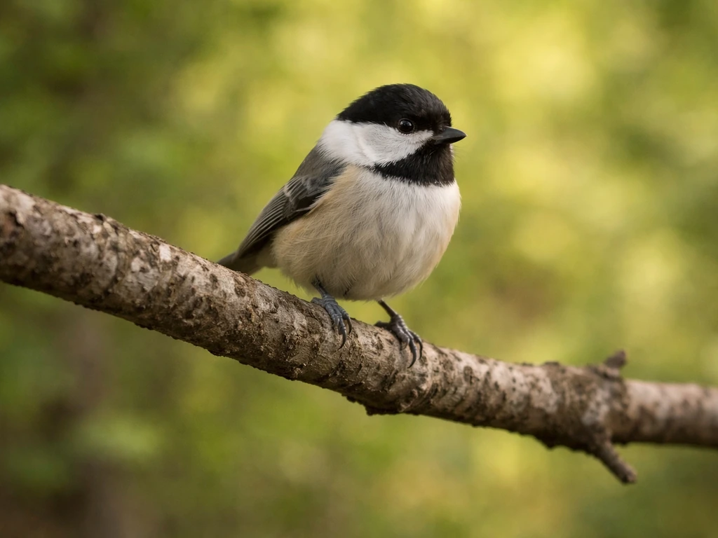 Small bird perched on a tree branch, close view of its talons gripping the bark.