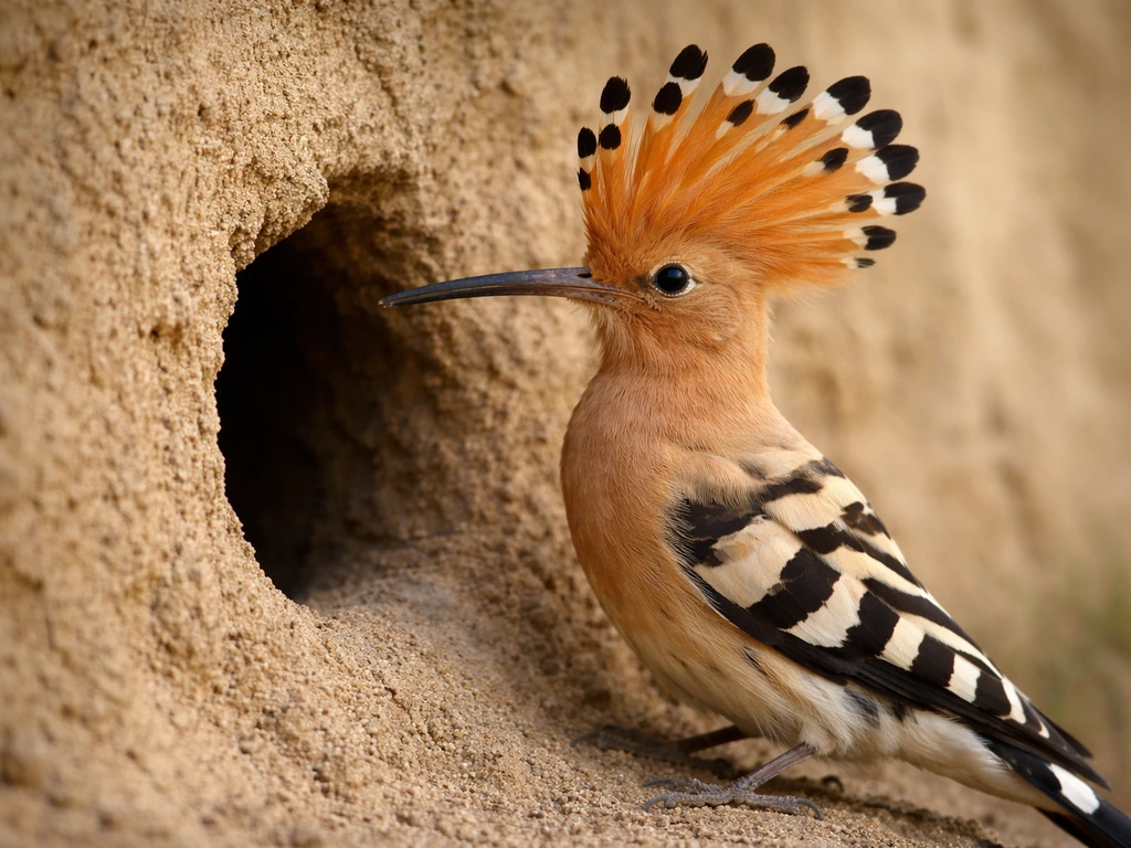 Hoopoe bird closeup with fan-like crest beside a small nest entrance hole.