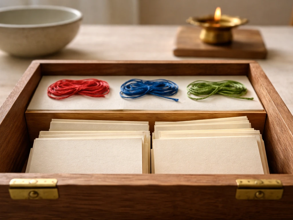 Blank paper cards and colorful threads on a simple Indian tabletop, arranged for multilingual comparison.
