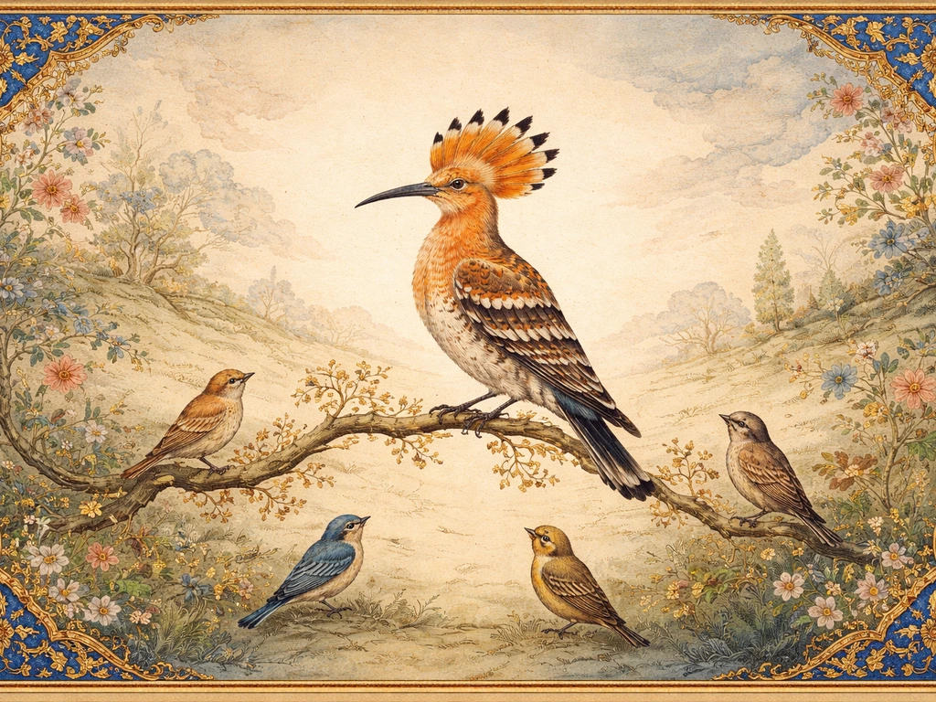 Persian miniature-style illustration of a wise, radiant hudhud bird guiding other birds in a simple garden scene