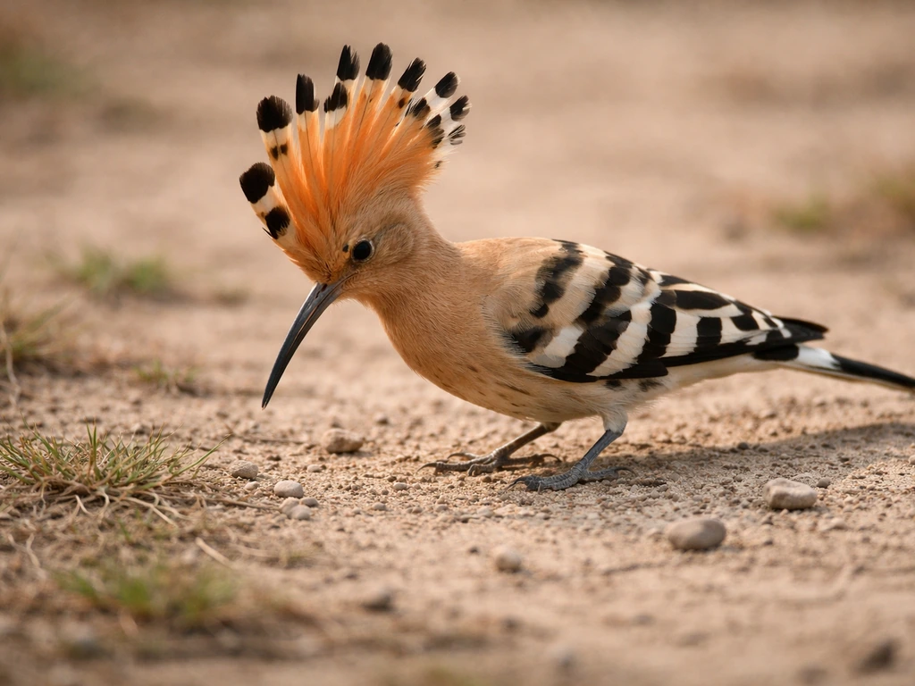 Hoopoe bird with crest raised in alert posture on sandy ground, searching for food.
