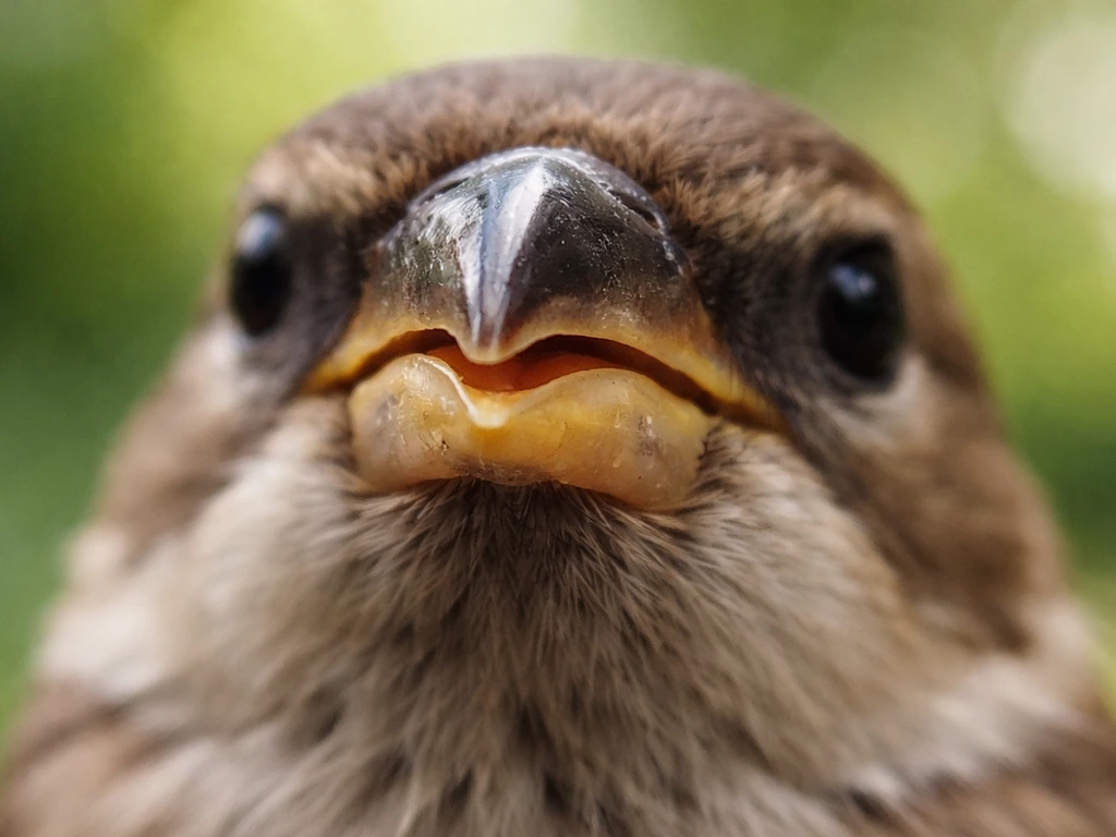 Close-up of a bird’s beak in sharp focus with soft natural background blur.
