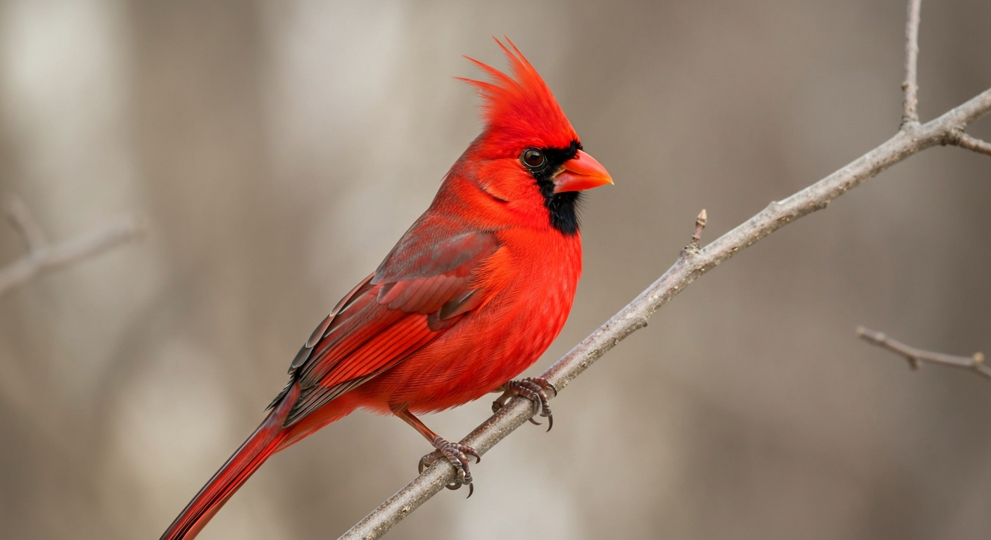 Male Northern Cardinal (bright red) perched on a branch showing crest, black face mask, and orange-red bill.