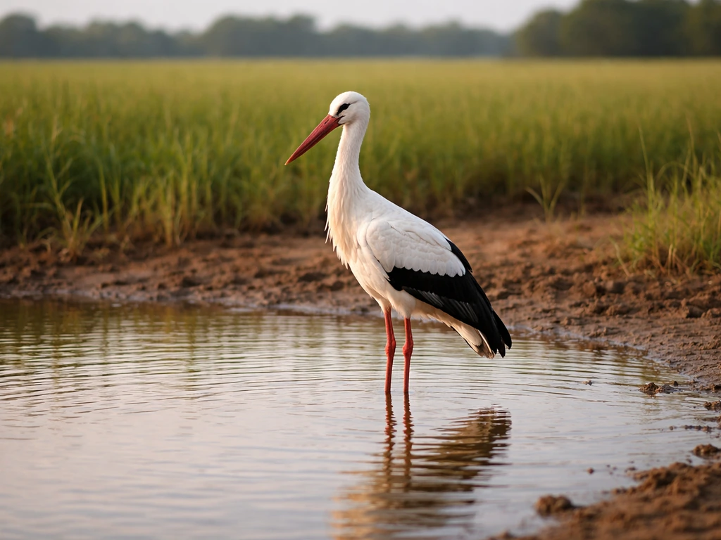 A white stork standing in a shallow waterfield in India, natural habitat with soft greenery in background.