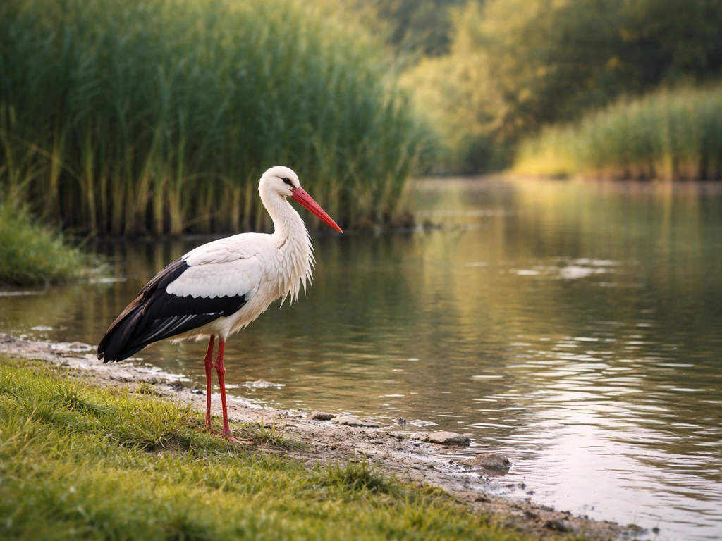 White stork standing on a grassy riverbank with reeds and soft water reflections in the background.