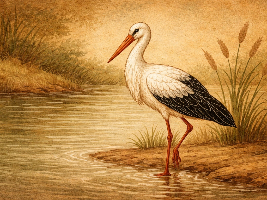 White stork on a simple riverbank with folk-art inspired warm textures and reeds