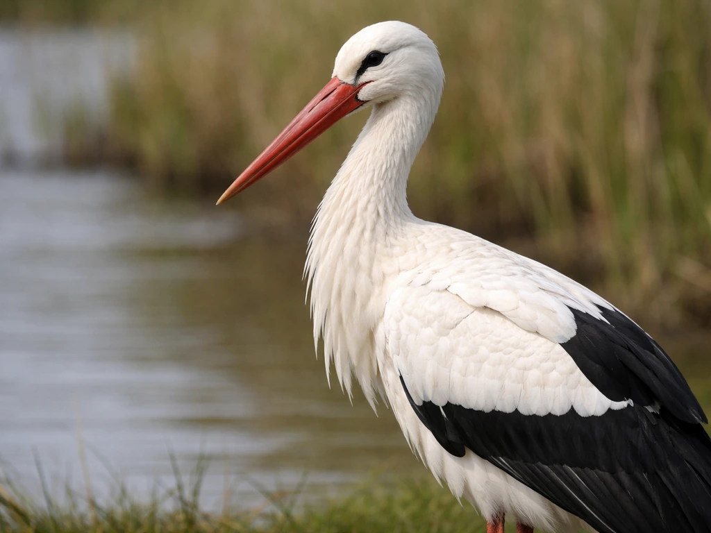 Close-up of a white stork showing mostly white plumage, black flight feathers, and long bill