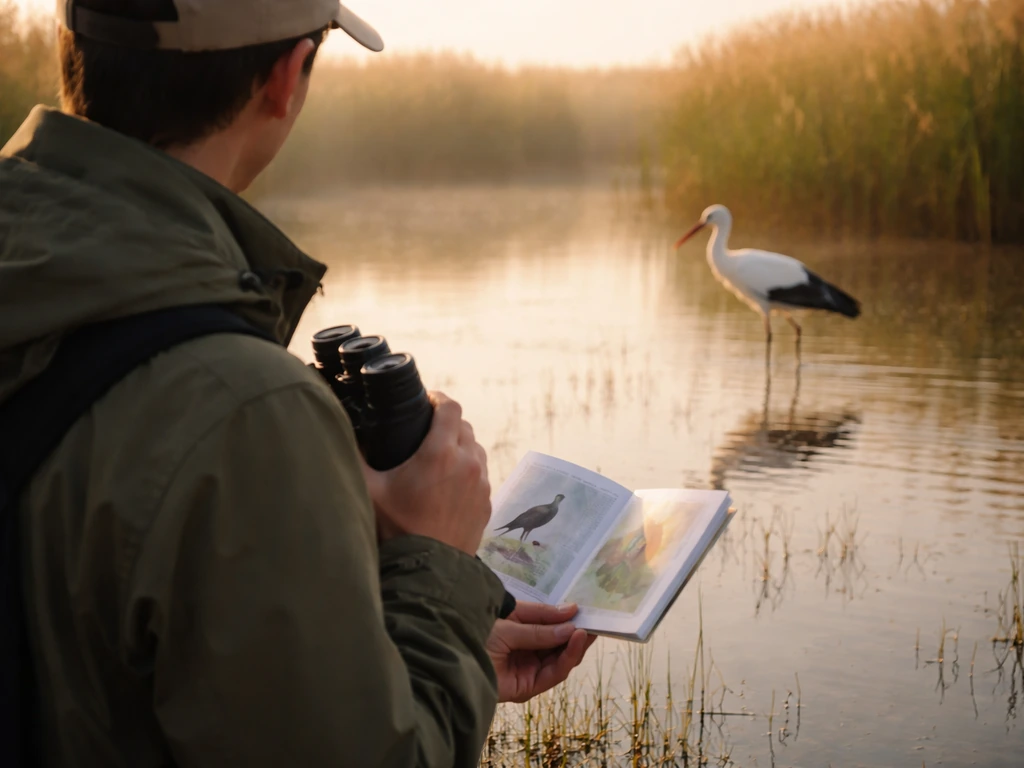 Wild birder in calm wetlands checks a white stork with plumage details nearby for identification