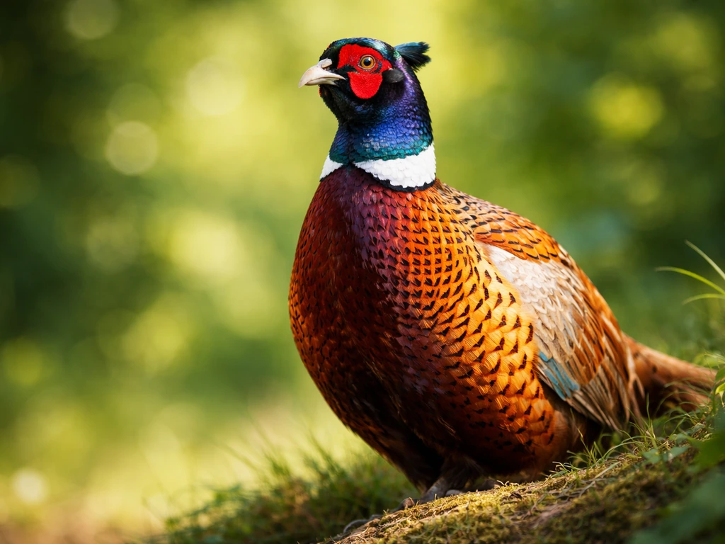 Close-up of an alert colorful male pheasant with detailed plumage and a softly blurred green background.