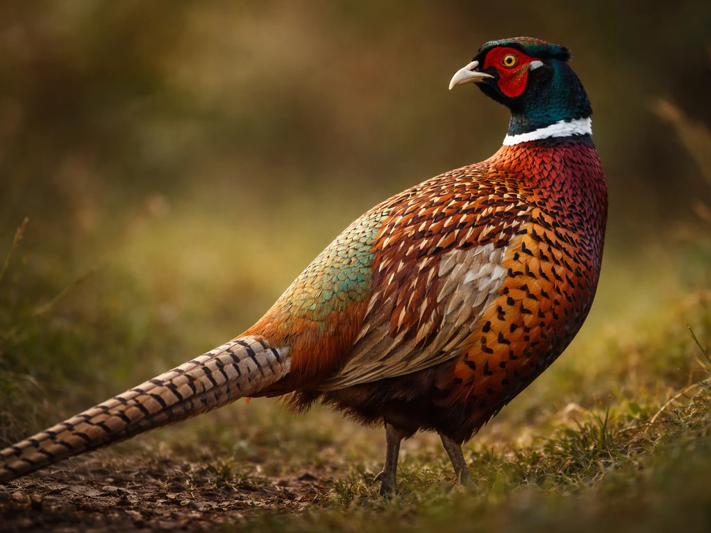 Close-up of a male pheasant showing its long cone-like tail and metallic colored feathers.