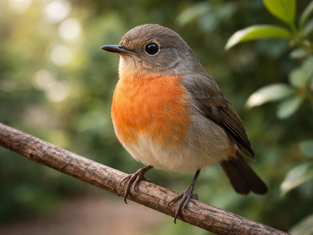 Close-up of an Indian robin perched in an Indian garden with soft green leaves and bokeh background.