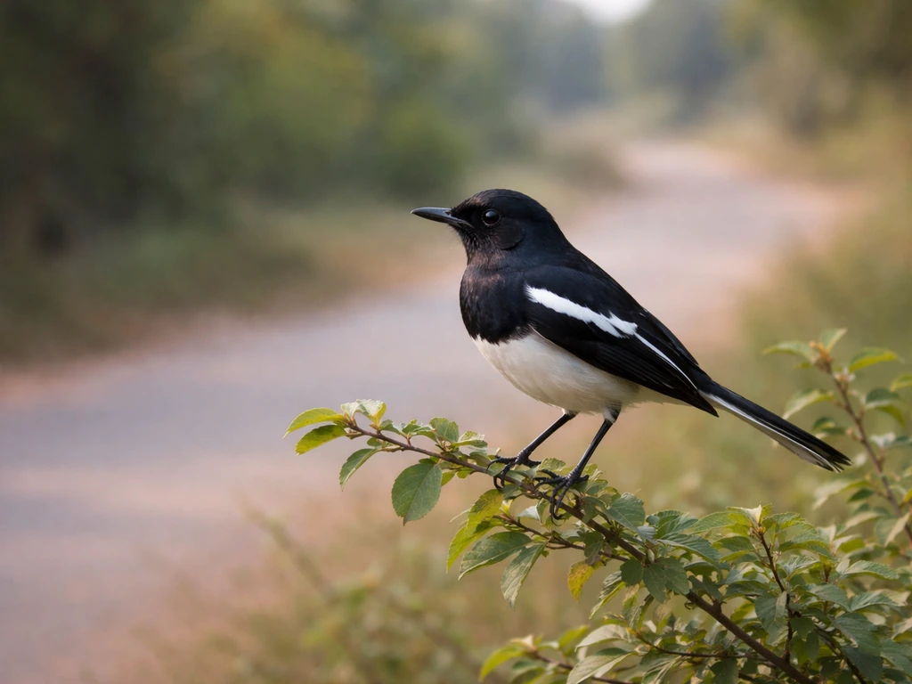 A single magpie-robin-like bird perched on a shrub branch with a softly blurred Indian rural background.