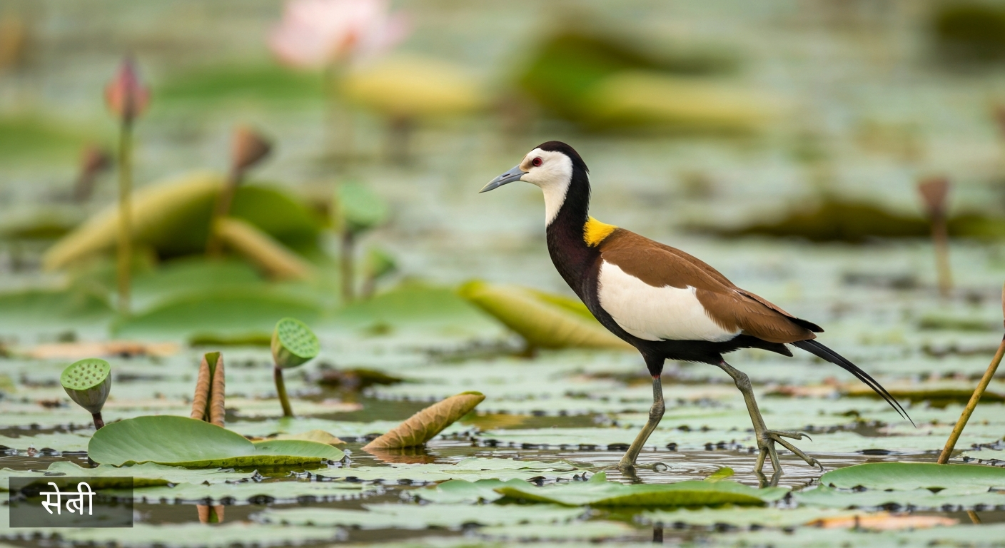 Pheasant-tailed jacana (जलपीपी) walking on lily pads in a lotus-covered pond at golden hour, showing long toes and elongated tail feathers.
