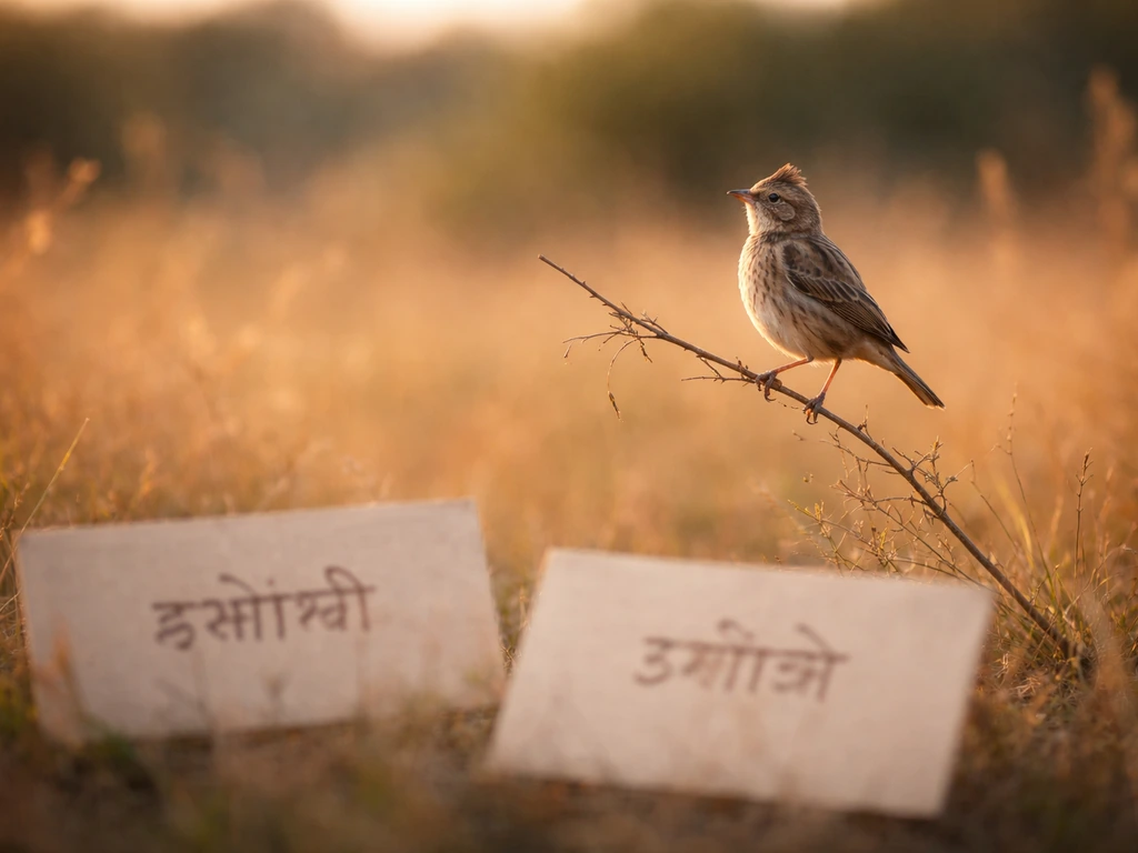Golden-hour skylark-like bird perched on a branch with a couple of blank name cards nearby.