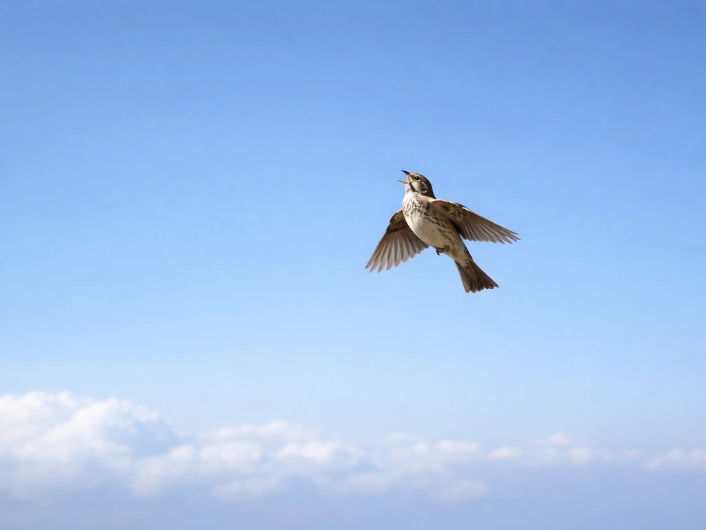 Hindi word-meaning illustration with a small bird soaring over a calm sky, conveying “lark of the sky”