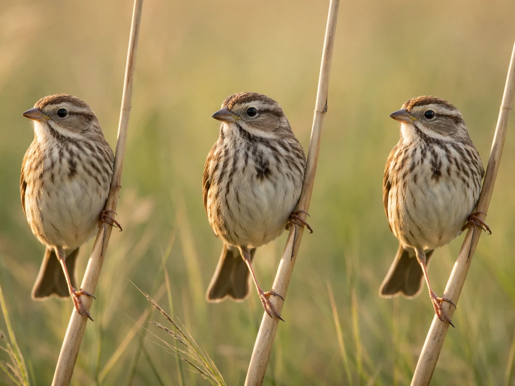 Three small streaky singing birds perched side-by-side on reeds in soft morning light.