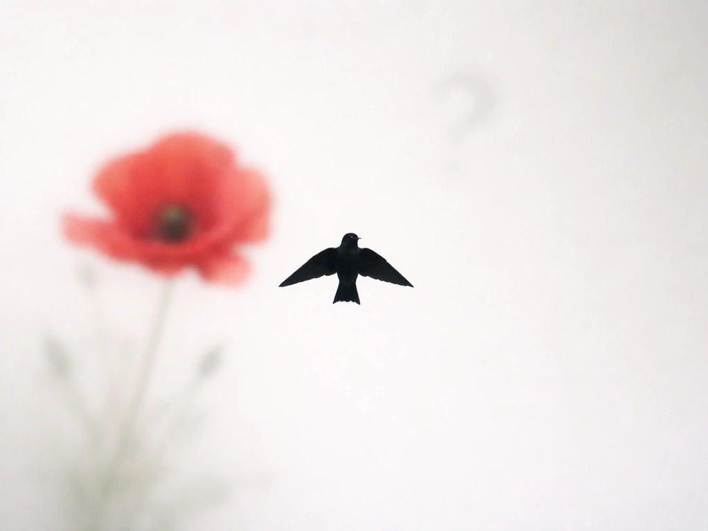 Minimal silhouetted bird with subtle poppy flower motif, symbolizing uncertainty about “Opium Bird” being real.