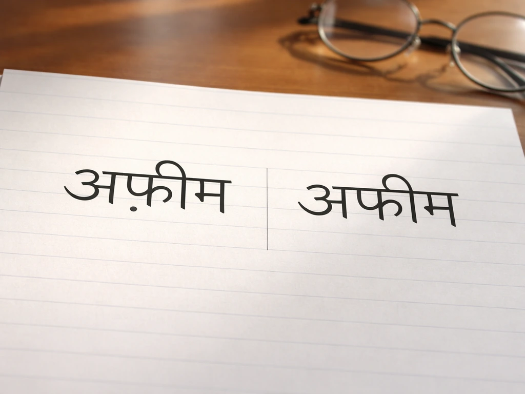 Close-up of two separated Hindi words on paper showing nukta difference between अफ़ीम and अफीम.